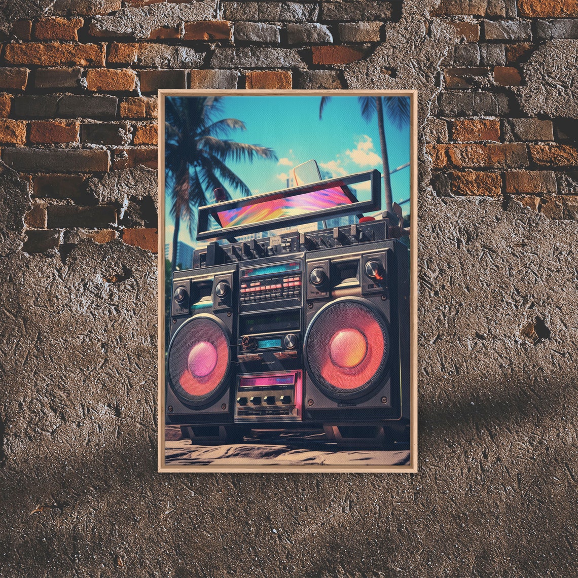 Vintage Boombox On Tropical Beach Retro Vaporwave Music Poster