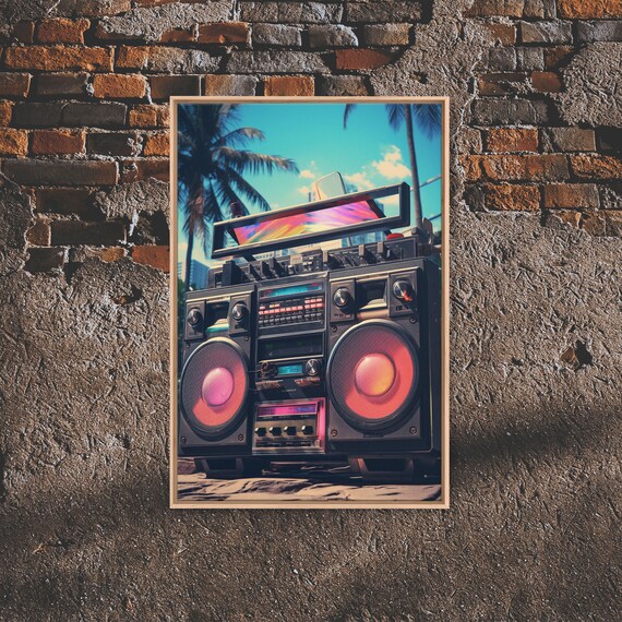 Vintage Boombox On Tropical Beach Retro Vaporwave Music Poster