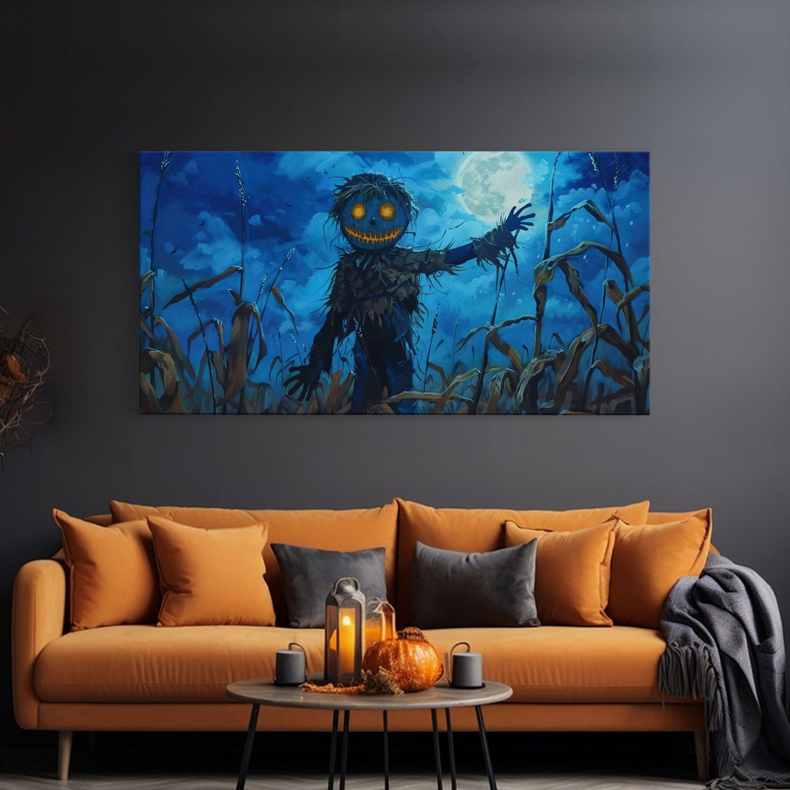 Jack O Lantern Scarecrow Midnight Cornfield Moonlit Halloween Wall Art - Image 3