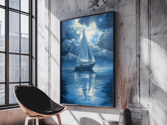 Sailboat Under Full Moon Night Sea Reflection Blue Painting Wall Art Print