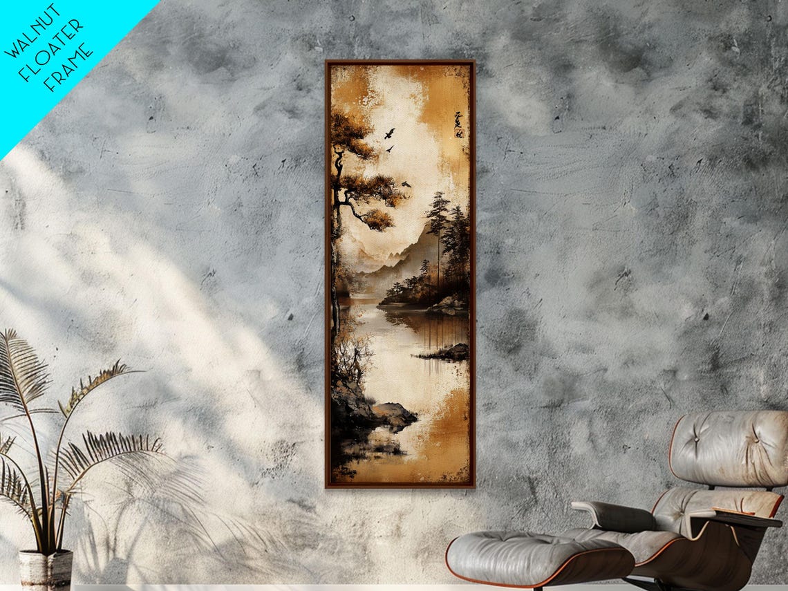Golden Sepia Ink Mountain Lake Pine Trees Asian Landscape Wall Poster - Image 3