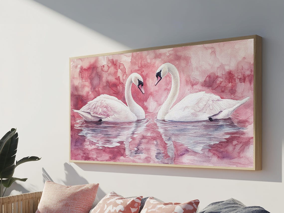 Two White Swans Heart Necks Pink Water Romantic Love Wall Poster - Image 4