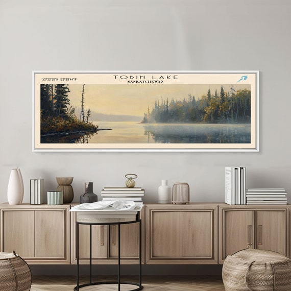 Tobin Lake Panoramic Wall Art Framed Print Lake House Decor Travel Poster Serene Landscape Living Room Decor