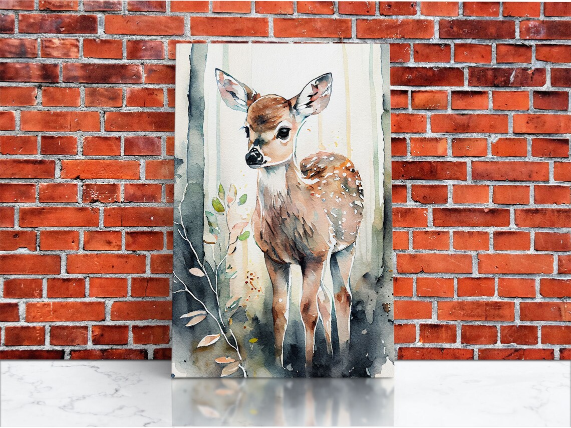 Deer Fawn Watercolor Portrait Misty Forest Birch Trees Animal Print Poster - Image 3