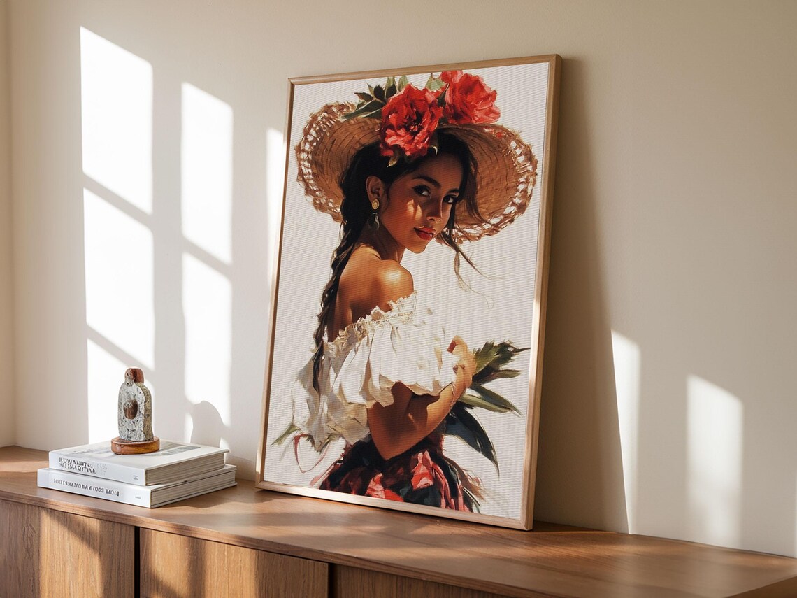 Latina Woman Straw Hat Red Flowers Portrait Mexican Wall Art Poster - Image 4