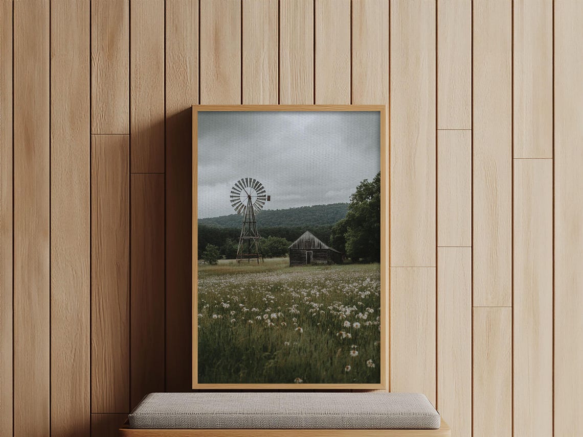 Rustic Windmill Barn Wildflower Meadow Farmhouse Travel Poster
