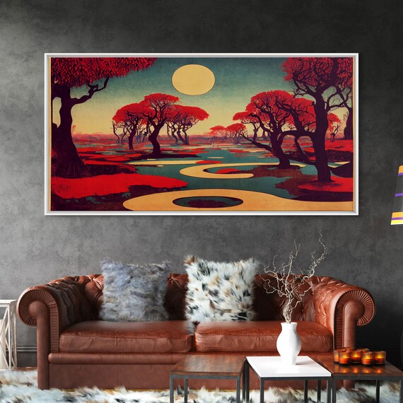 Psychedelic Crimson Red Cherry Blossom Trees Ready To Hang Print Framed Wall Art