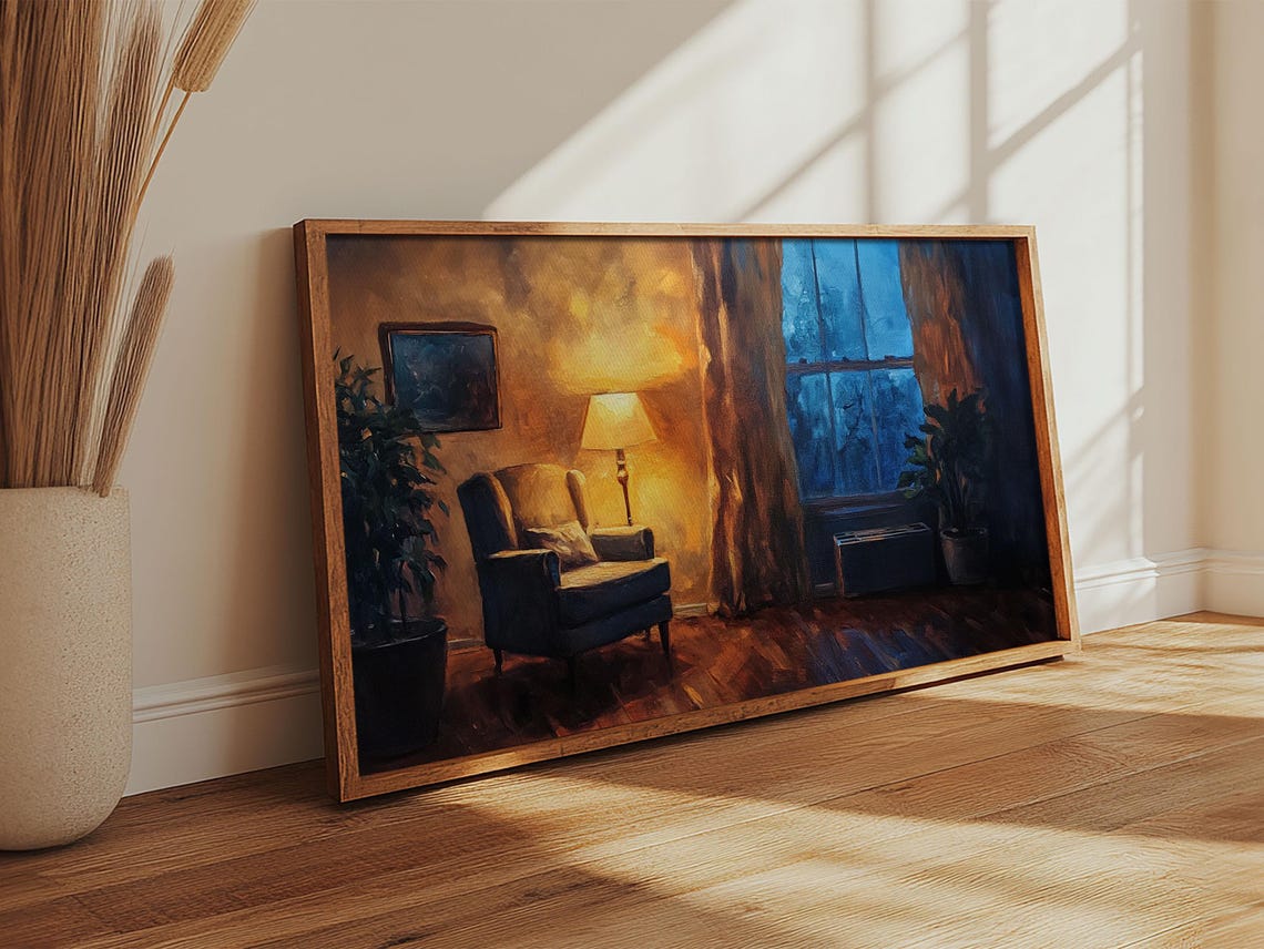 Cozy Armchair By Window Lamp Glow Evening Interior Oil Wall Poster - Image 5