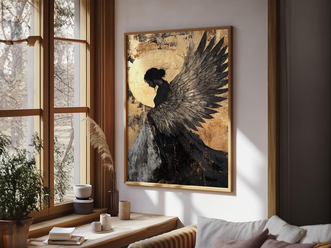 Golden Angel Wings Framed Print Dark Angel Wall Art Moody Gothic Artwork Gold Abstract Print Rustic Wall Decor Gift Idea - Image 3