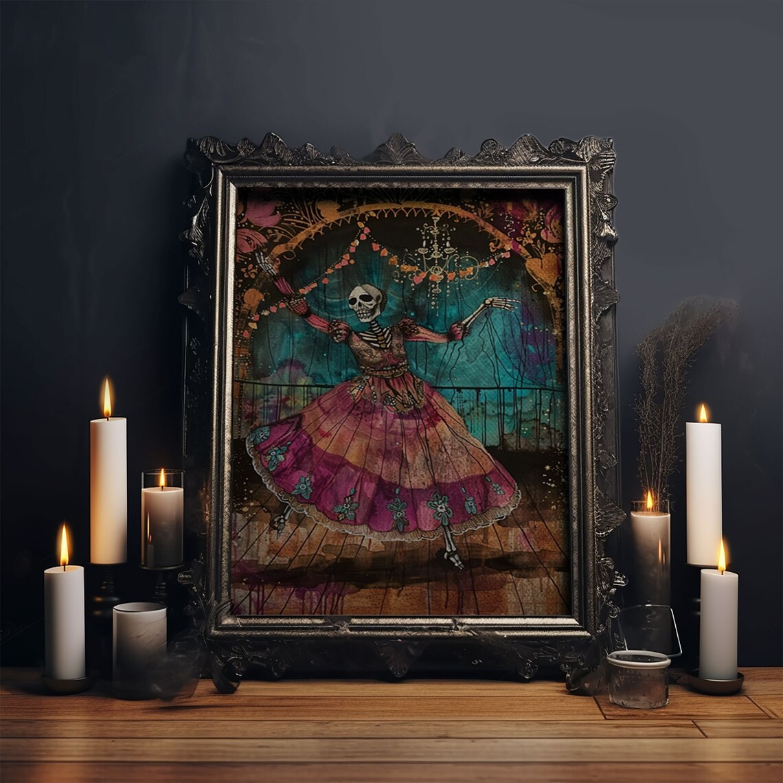 Skeleton Dancer Vibrant Magenta Dress Day Of Dead Art Poster - Image 5