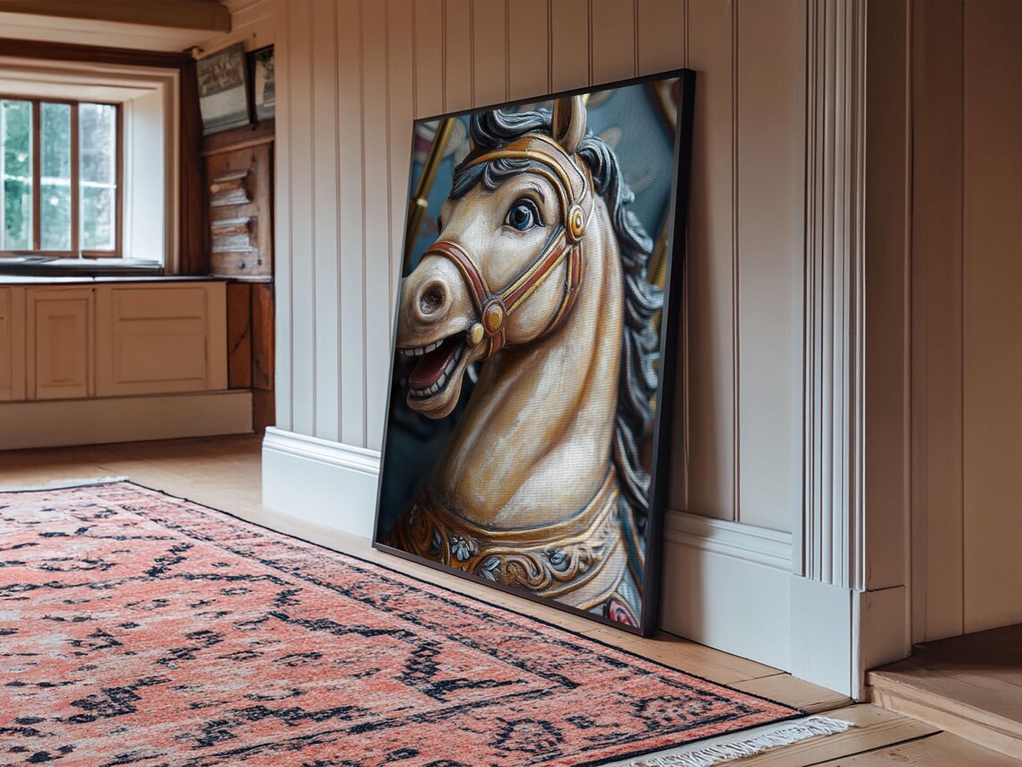 Vintage Carousel Horse Head Eerie Carnival Painting Art Print