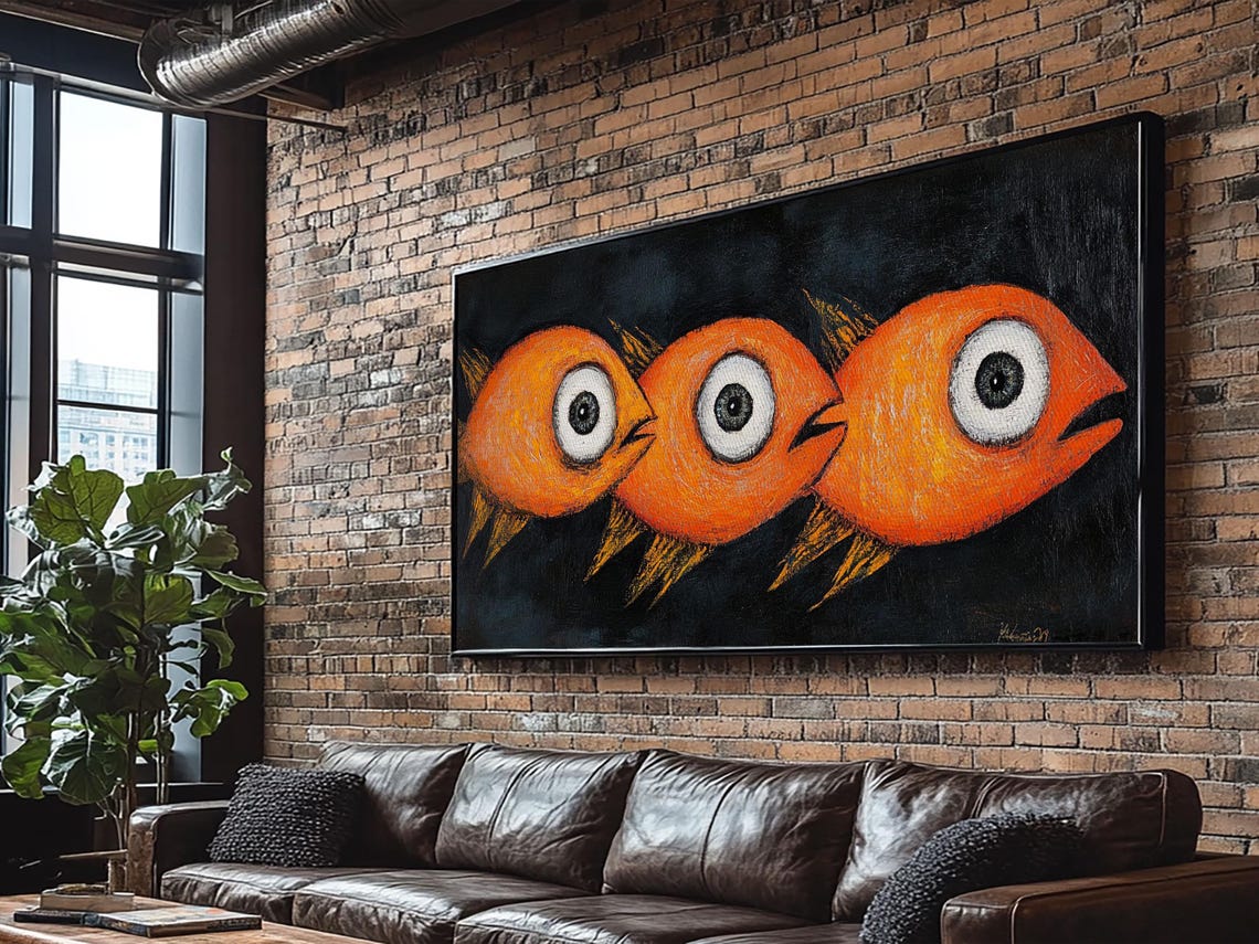 Whimsical Three Orange Goldfish Big Eyed Folk Art Painting Wall Poster - Image 4
