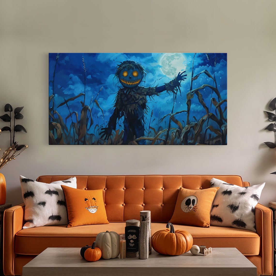 Jack O Lantern Scarecrow Midnight Cornfield Moonlit Halloween Wall Art - Image 5