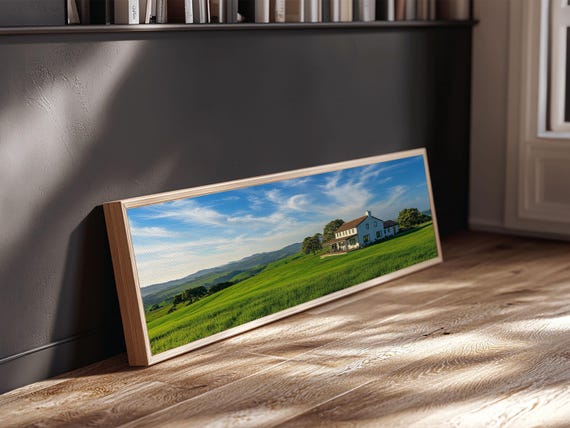 Scenic Green Rolling Hills Framed Print Rustic Landscape Art Farmhouse Living Room Decor Extra Wide Art Above Sofa Gift Idea