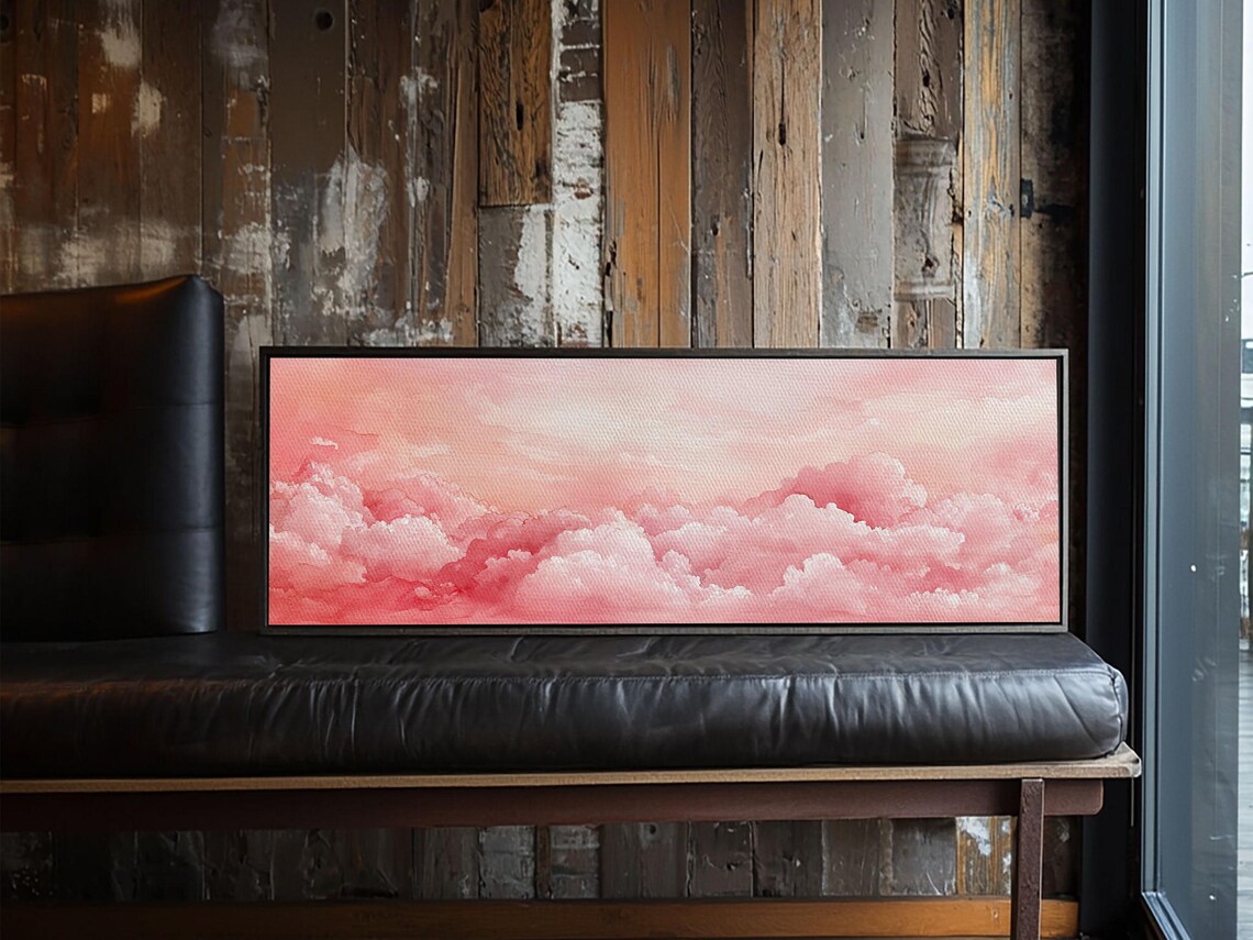 Pink Cloudscape Framed Print Light Pink Wall Art Above Sofa Horizontal Art Moody Sky Coastal Decor Gift Idea For Her Bedroom Art
