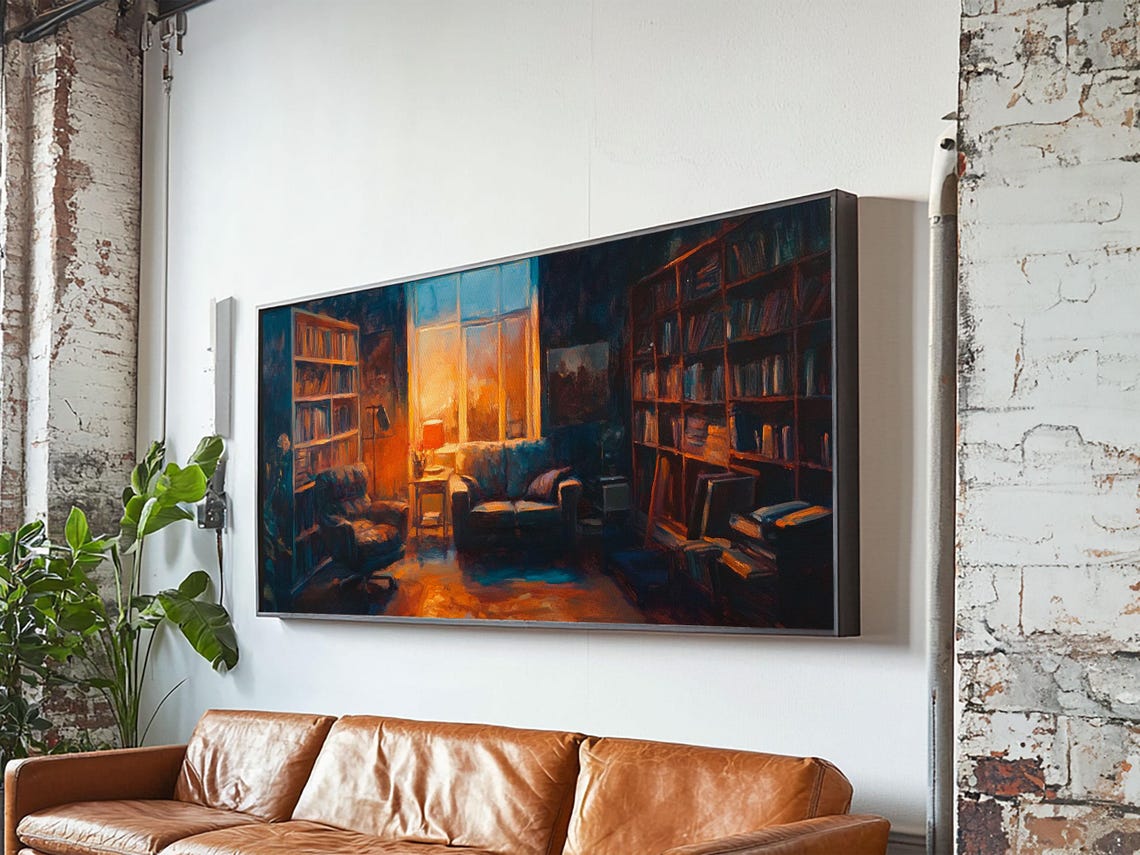 Cozy Library Interior Bookshelves Armchair Warm Light Study Art Poster - Image 5