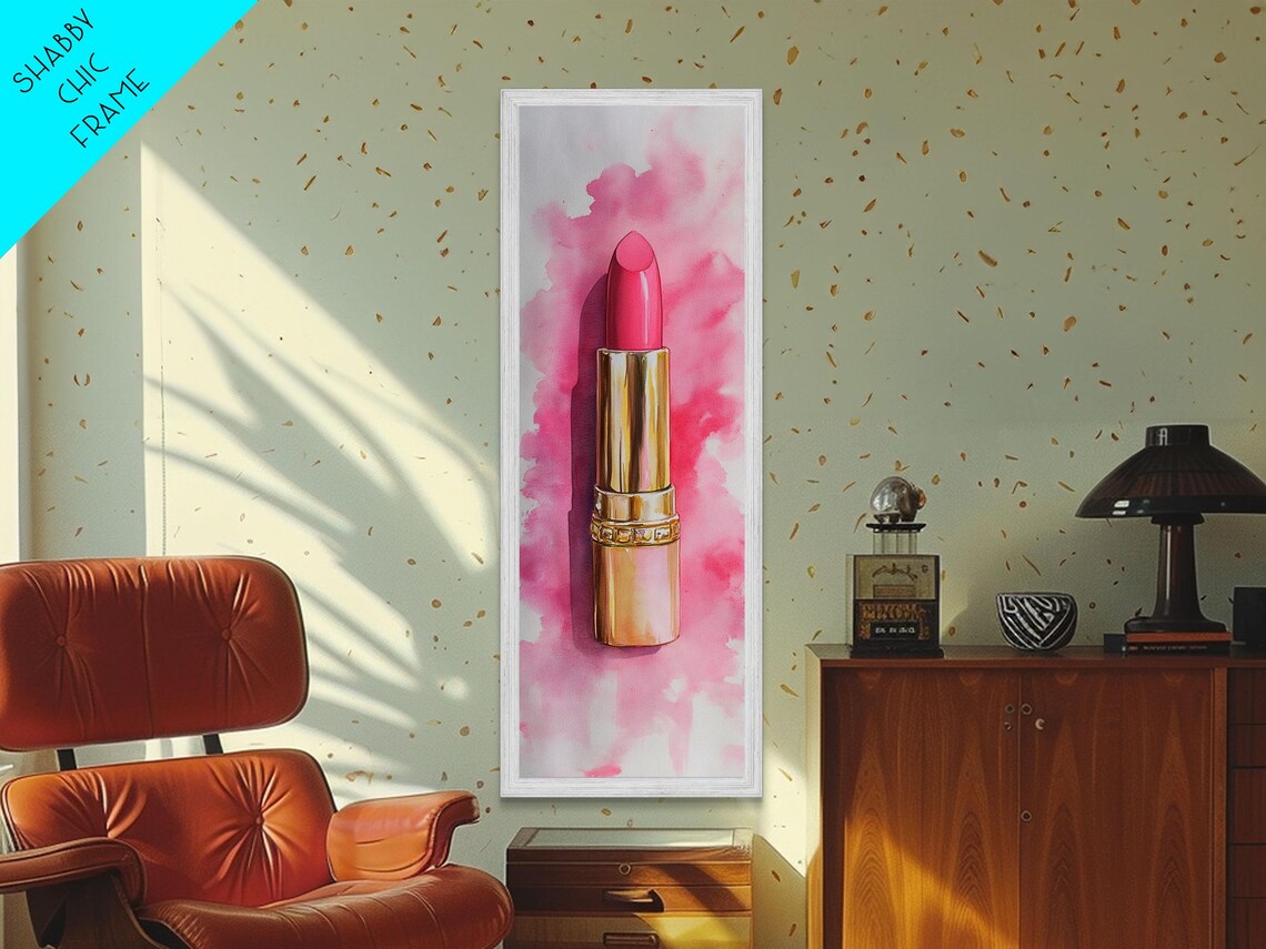 Pink Lipstick Watercolor Painting Gold Tube Makeup Beauty Vertical Poster - Image 2