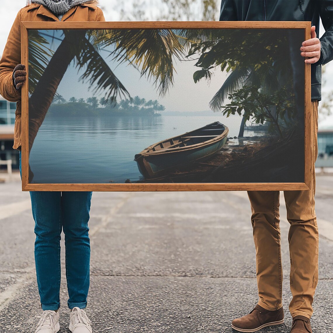 Old Wooden Canoe Misty Tropical Lake Shore Dawn Serene Travel Poster - Image 3