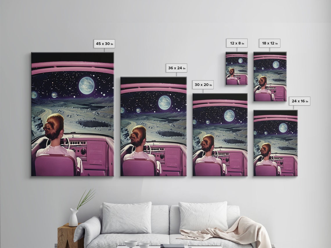 Retro 1950s Sci-Fi Woman Driving Pink Car Lunar Landscape Space Poster - Image 2