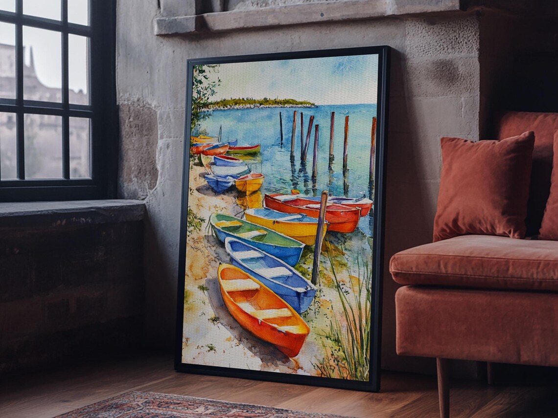 Colorful Rowboats Shore Watercolor Pilings Boats Coastal Harbor Art Poster - Image 2