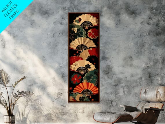 Japanese Inspired Fan Art In Bold Red And Cream Accents On Tall Vertical Print Featuring Elegant Floral Design