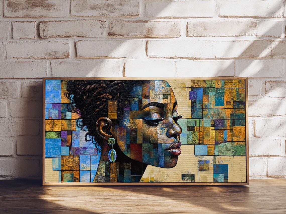 African Woman Mosaic Portrait Geometric Blue Gold Abstract Art Poster