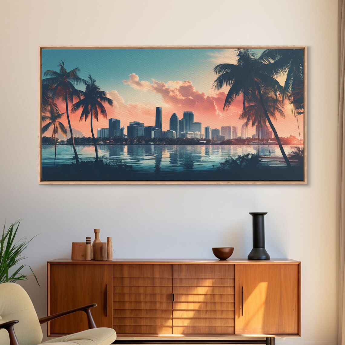 Miami Skyline Sunrise, Vaporwave Retro Art Print