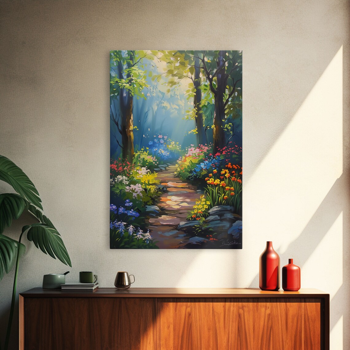 Enchanted Forest Path Sunlit Flower Trail Oil Painting Style Poster - Image 4