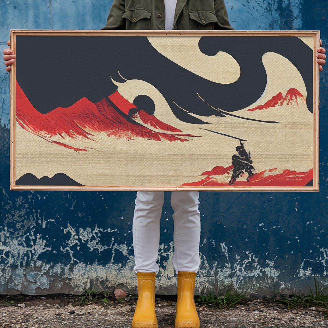 Japanese Samurai Fighting Giant Wave Under Red Sun Style Art Poster - Image 6