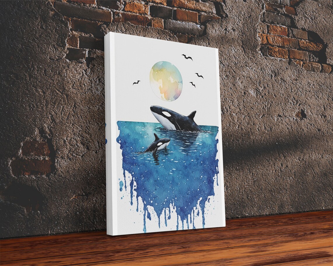 Watercolor Orca Whales Mother Calf Ocean Blue Drip Nursery Art Poster - Image 2