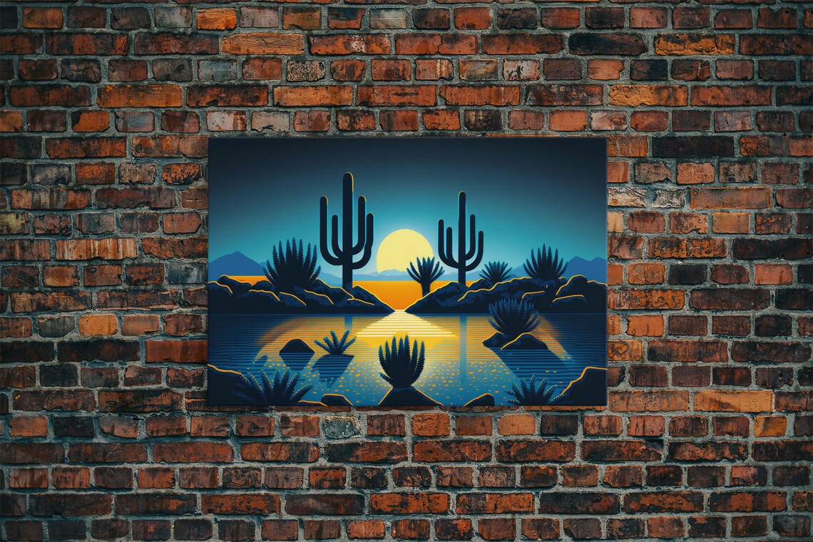 Retro Art Deco Pueblo Desert Landscape, Full Moon Art Print