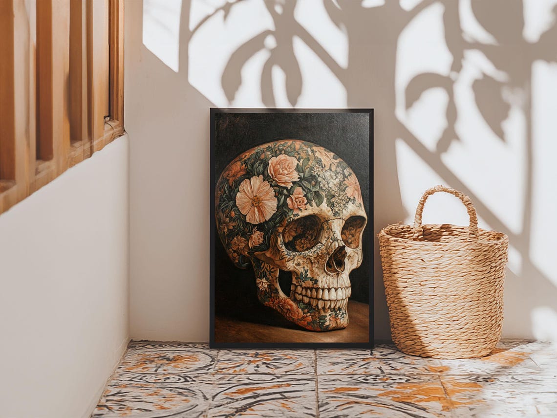 Peach Floral Skull Botanical Gothic Dark Rustic Skull Wall Art Poster - Image 4