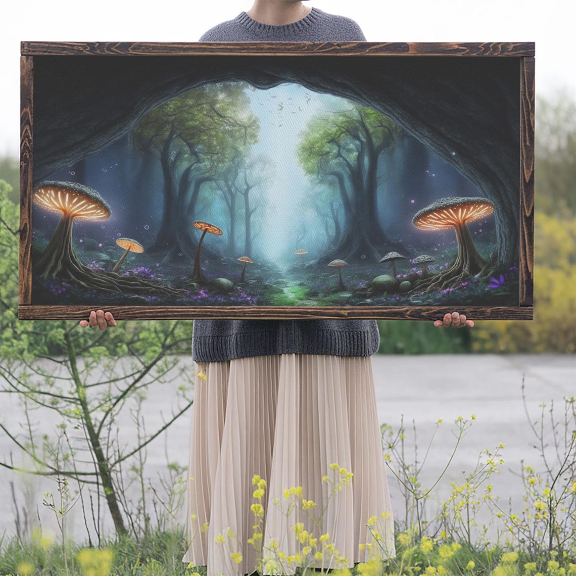 Glowing Mushroom Forest Hollow Tree Magical Butterflies Misty Poster - Image 2