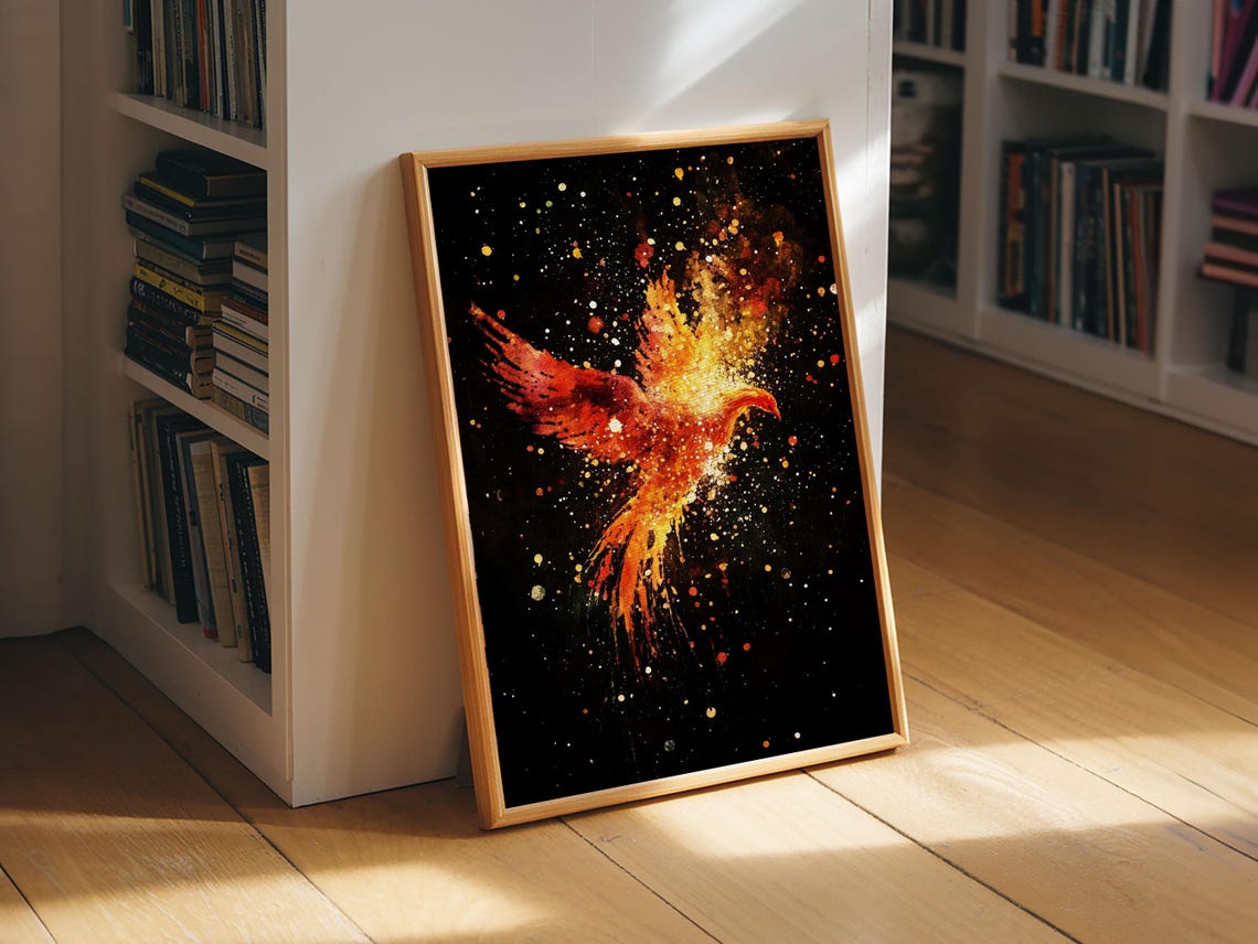 Phoenix Rising From Flames And Sparks On Black Fantasy Print - Image 2