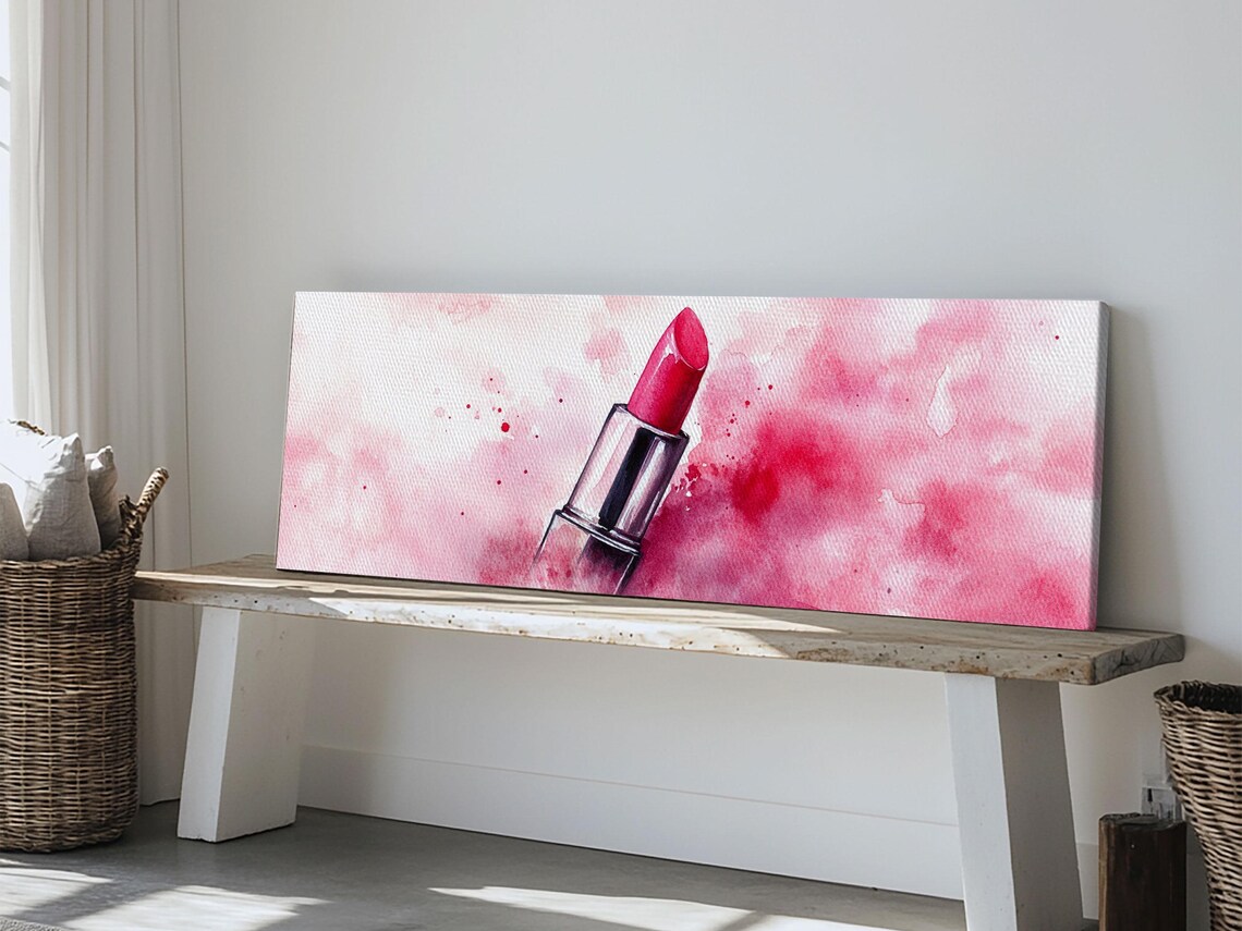 Pink Lipstick Watercolor Modern Makeup Beauty Feminine Wall Art Print - Image 2