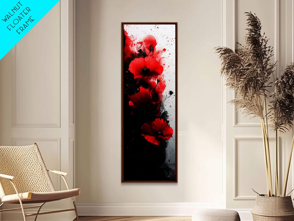 Red Poppies On Black Tall Vertical Dramatic Abstract Floral Art Poster - Image 2