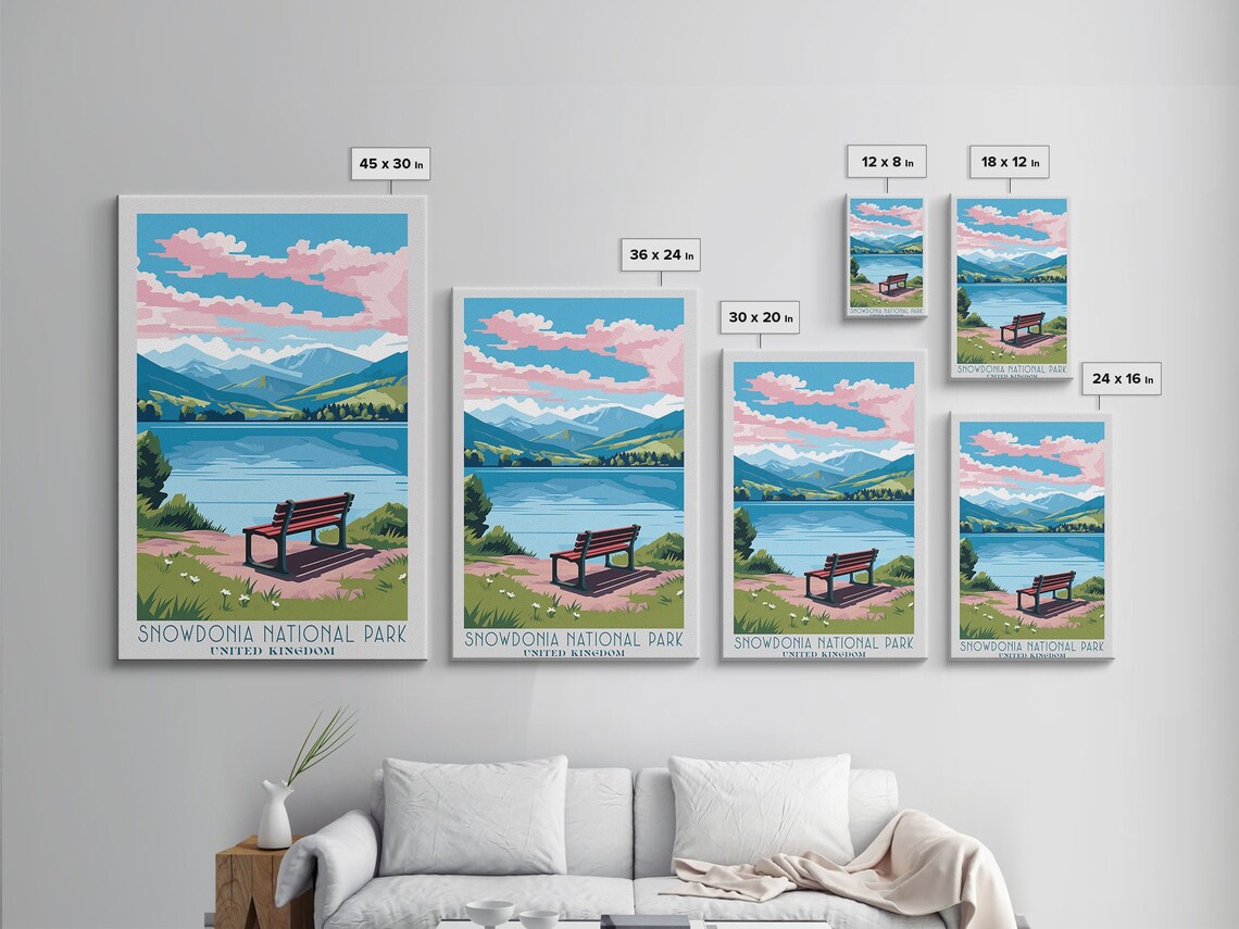 Snowdonia National Park Wales Lake View Lakeside Bench Pink Clouds Poster - Image 2