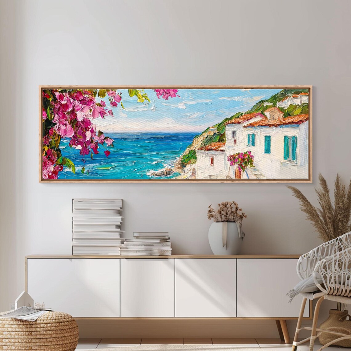 Mediterranean Coastal Village Bougainvillea Sea View Oil Painting Poster - Image 2
