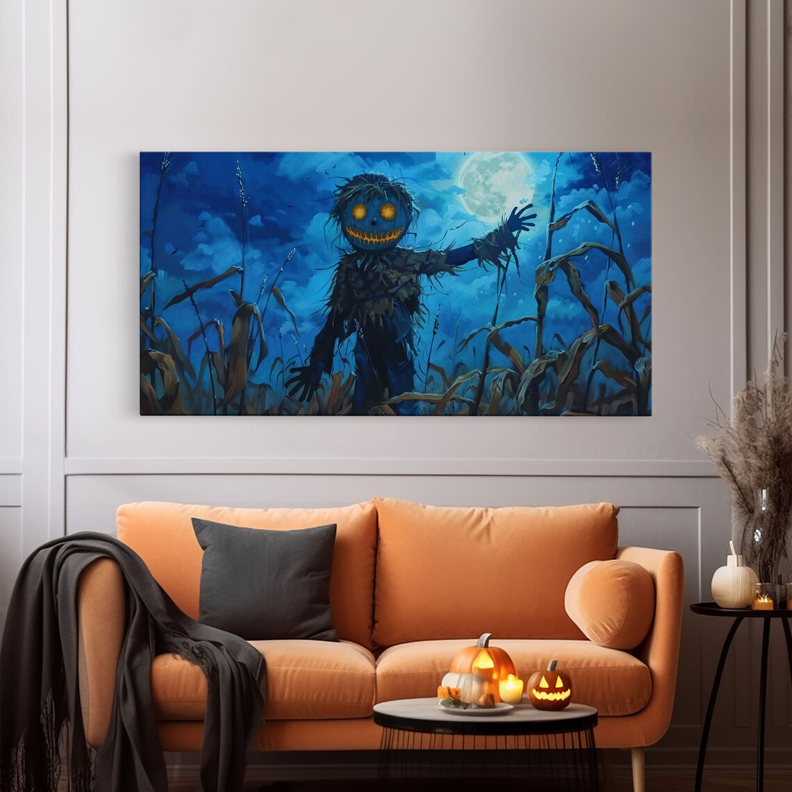 Jack O Lantern Scarecrow Midnight Cornfield Moonlit Halloween Wall Art