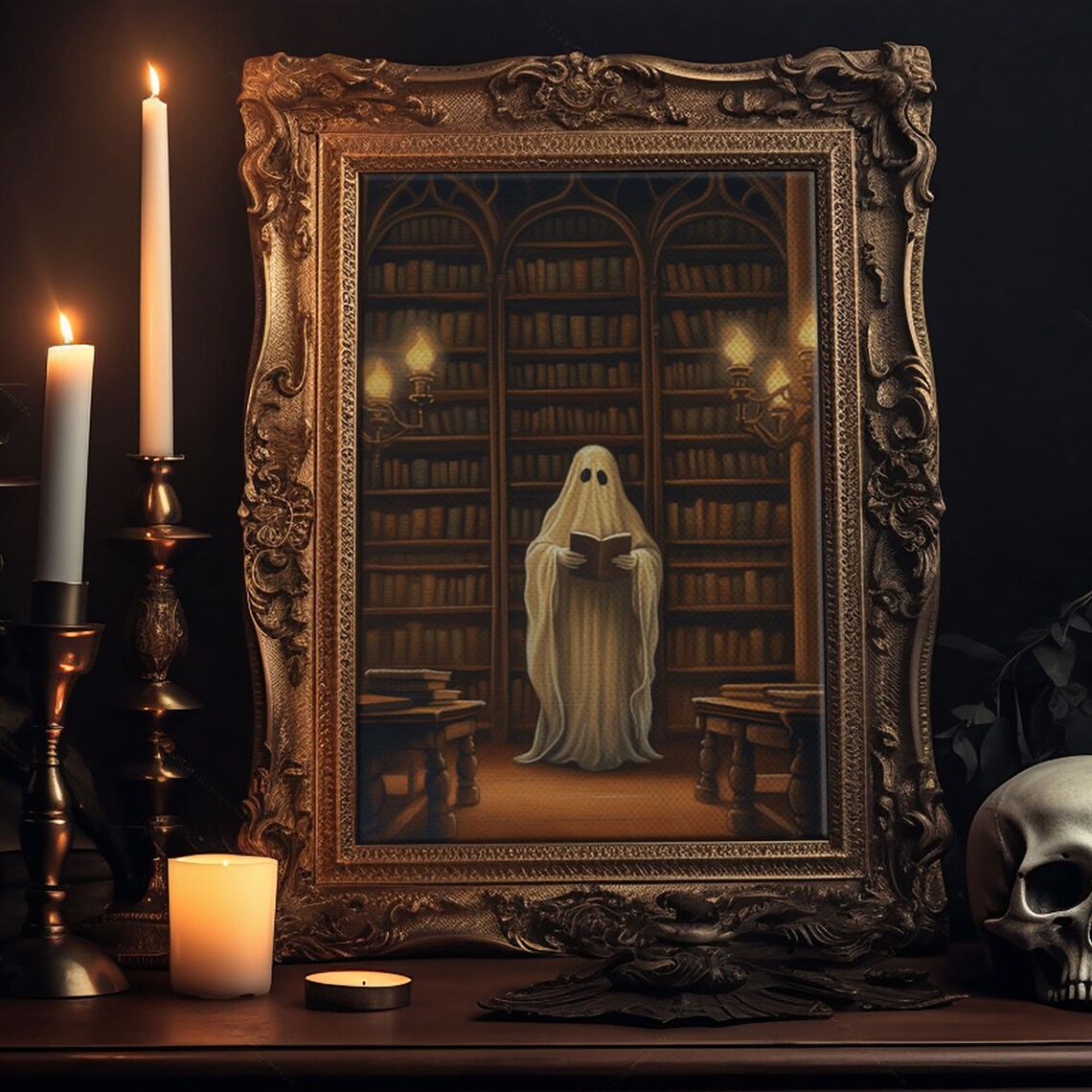 Spooky Bookshop Ghost Halloween Wall Art Print - Image 6
