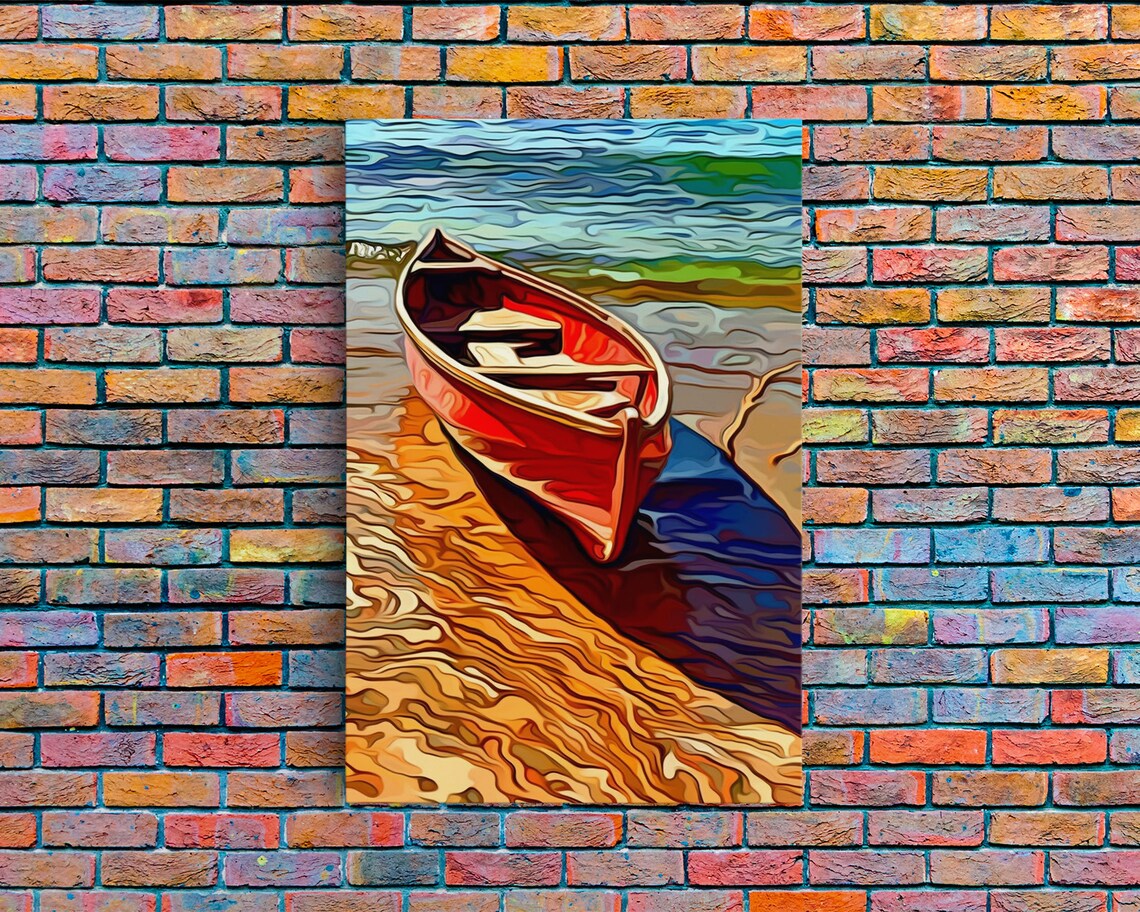 Abandoned Canoe On The Lake, Boho Oil Painting Art Print