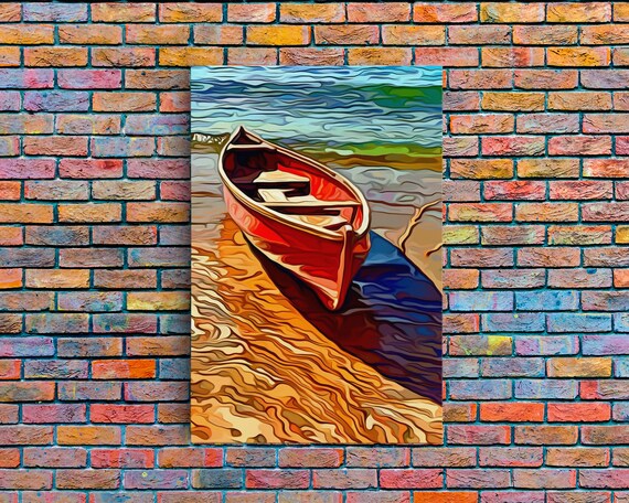 Abandoned Canoe On The Lake, Boho Oil Painting Art Print