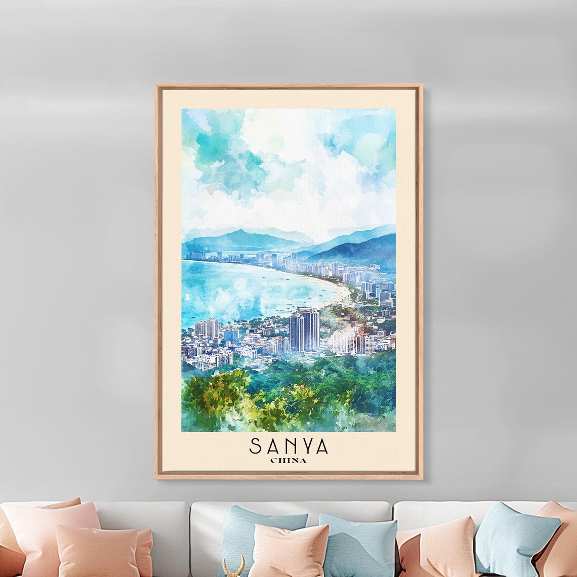 Sanya China Aerial Bay View Crescent Beach City Mountains Watercolor Poster