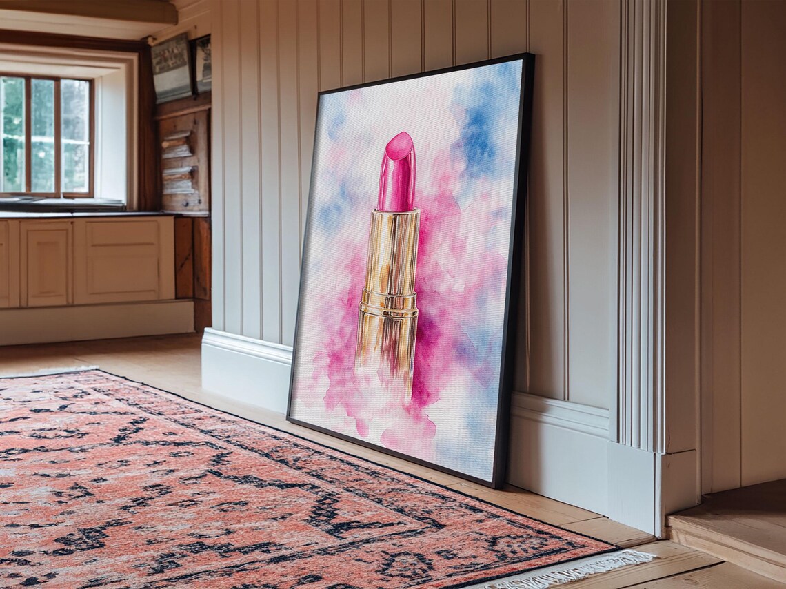 Pink Lipstick Watercolor Art Print Makeup Beauty Glam Wall Decor Poster - Image 4