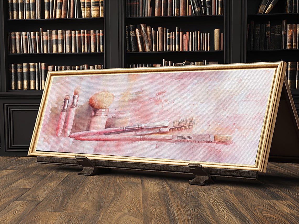Pink Watercolor Makeup Brushes Vanity Set Horizontal Wall Art Poster - Image 3