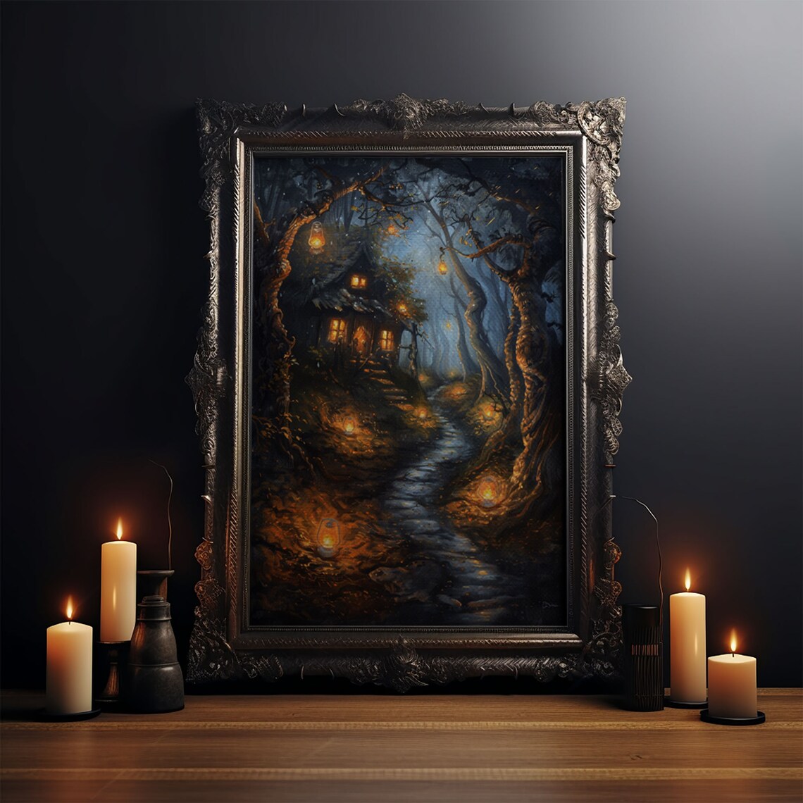 Spooky Cottage in Forest Halloween Seasonal Art Print - Image 4