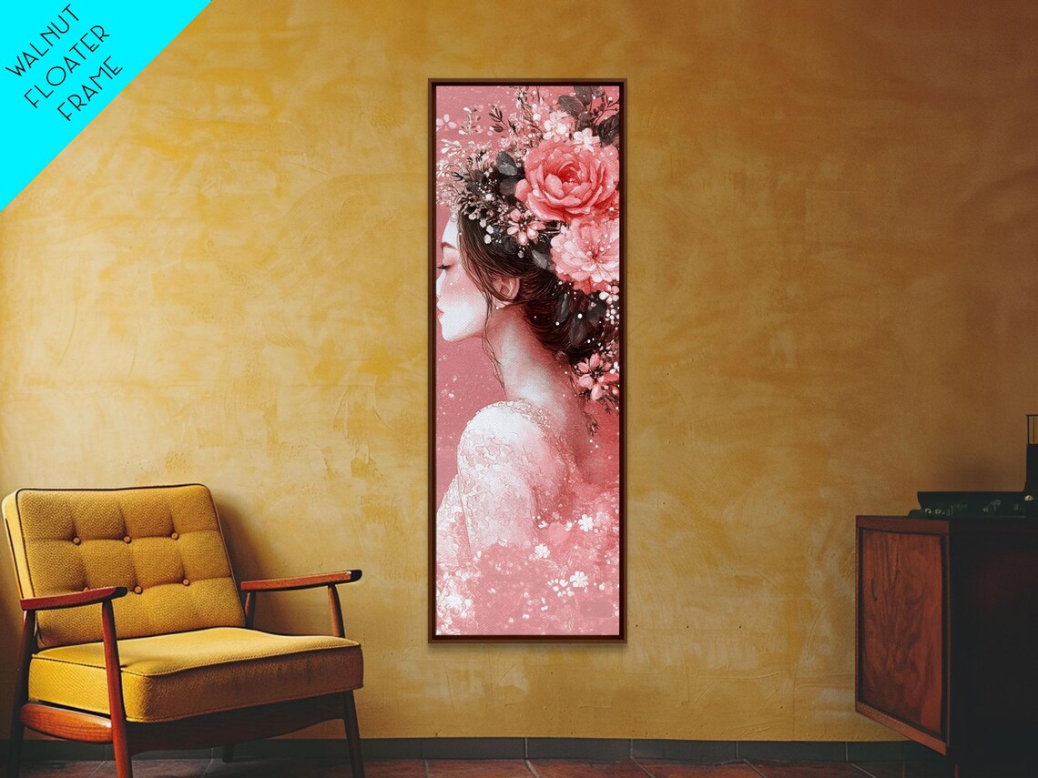 Floral Woman Portrait Pink Roses Watercolor Painting Vertical Wall Art - Image 6