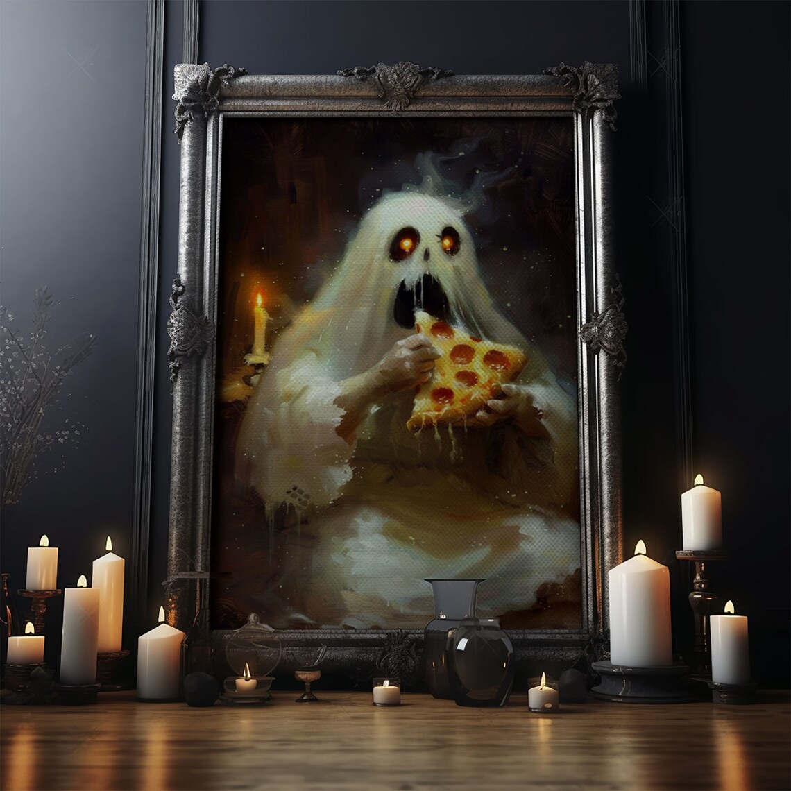 Hungry Ghost Eating Pepperoni Pizza Spooky Funny Candlelit Poster - Image 4