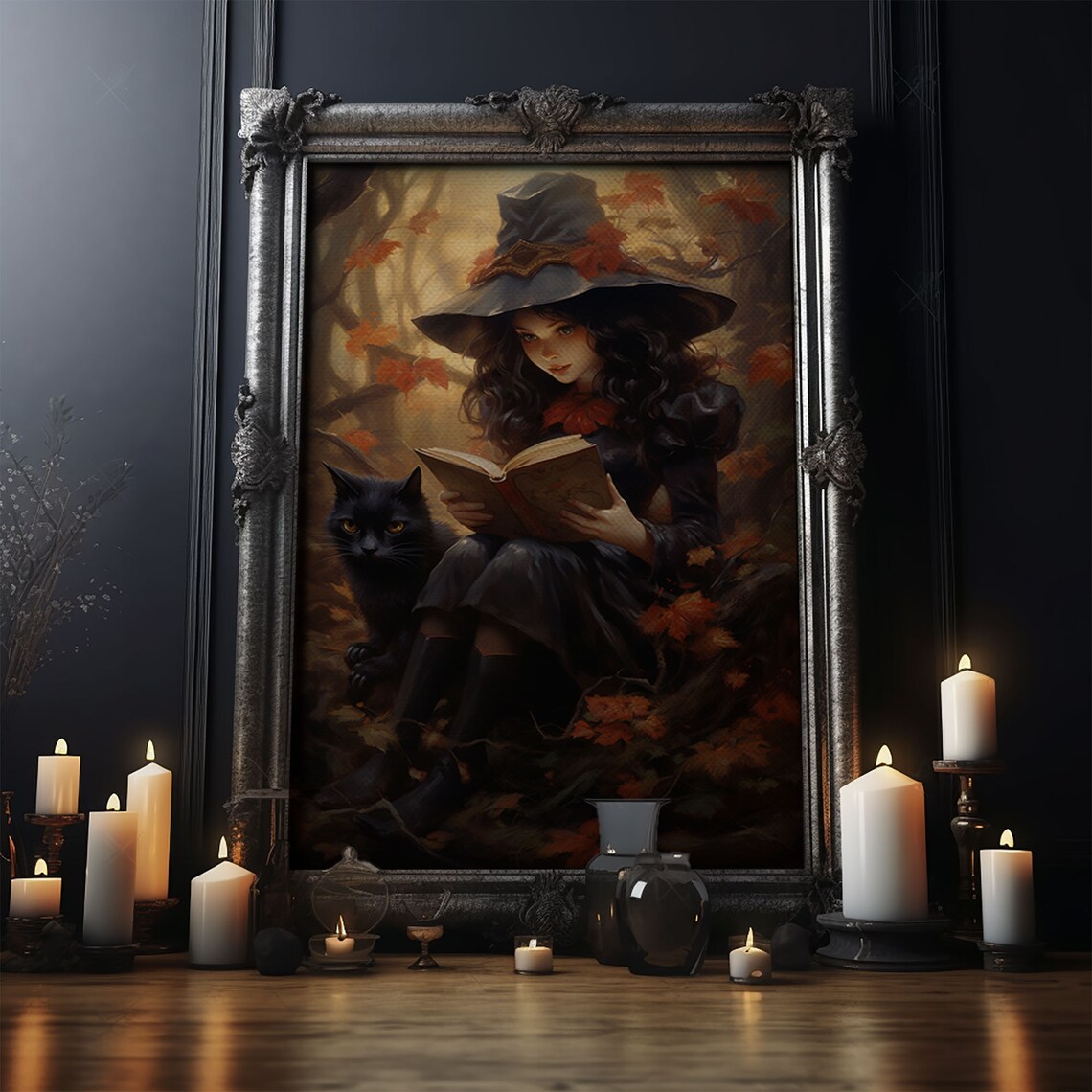 Cute Little Witch and Cat, Vintage Halloween Art Print - Image 4