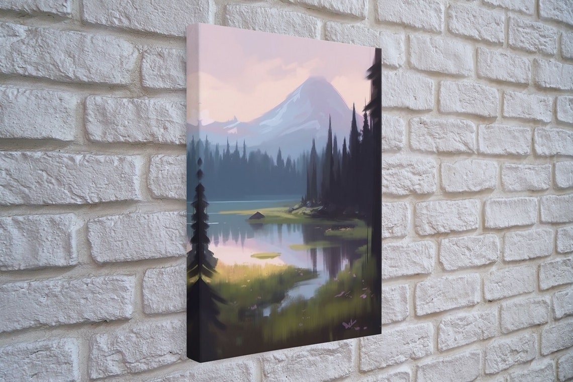 Misty Mountain Lake Dawn Reflections Pine Forest Soft Landscape Poster - Image 4
